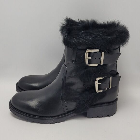 Charles David Reno Black Leather Faux Fur Buckle Side Zip Mid Ankle Boots Sz 38 - Picture 13 of 14